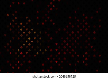 Dark red, yellow vector background with cards signs. Glitter abstract sketch with isolated symbols of playing cards. Template for business cards of casinos.