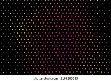 Dark red, yellow vector background with cards signs. Illustration with set of hearts, spades, clubs, diamonds. Pattern for leaflets of poker games, events.