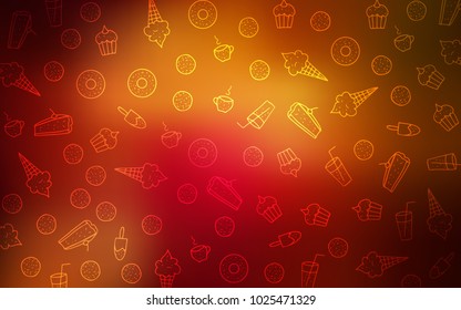 Dark Red, Yellow vector cover with set of confections. Decorative shining illustration with sweets on abstract template. Pattern for menu of cafes and restaurants.