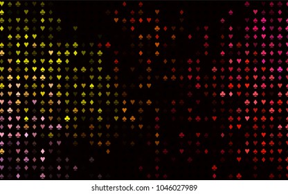 Dark Red, Yellow vector cover with symbols of gamble. Colored illustration with hearts, spades, clubs, diamonds. Template for business cards of casinos.