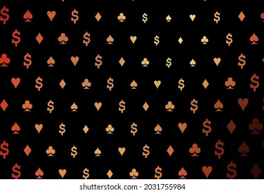 Dark red, yellow vector cover with symbols of gamble. Shining illustration with hearts, spades, clubs, diamonds. Pattern for booklets, leaflets of gambling houses.