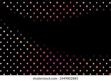 Dark red, yellow vector cover with symbols of gamble. Glitter abstract sketch with isolated symbols of playing cards. Template for business cards of casinos.