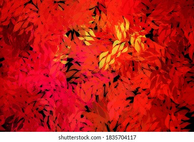 Rojo oscuro, diseño de doodle vectorial amarillo con hojas. Doodles esquemáticos con hojas sobre fondo borroso. Nueva plantilla para tu libro de marcas.