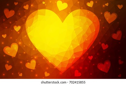Dark Red, Yellow vector greeting Card Happy Valentine's Day. Lettering with hearts on the white polygonal background. Colored triangular illustration for your business.