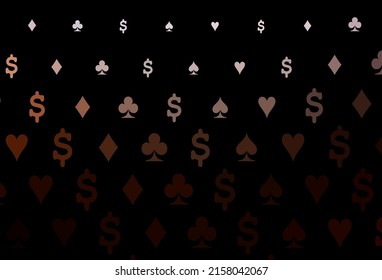 Dark red, yellow vector layout with elements of cards. Colorful gradient with signs of hearts, spades, clubs, diamonds. Pattern for booklets, leaflets of gambling houses.