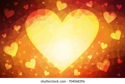 Dark Red, Yellow vector love background with heart. Paper note. Valentine's greeting polygonal card. Triangular illustration for your business. Stock template for your design.