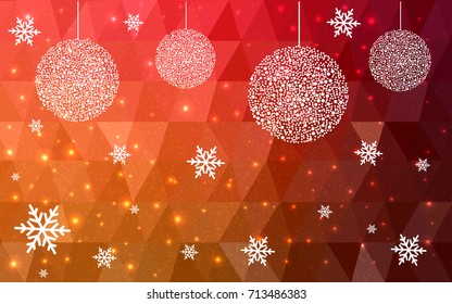 Dark Red Yellow vector low poly crystal background with snowflakes. Polygon christmas design pattern . Low poly illustration of New Year celebration.