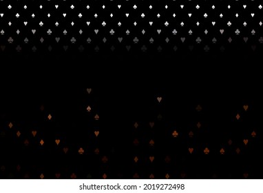 Dark red, yellow vector pattern with symbol of cards. Shining illustration with hearts, spades, clubs, diamonds. Template for business cards of casinos.