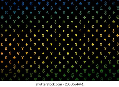 Dark red, yellow vector pattern with symbol of cards. Illustration with set of hearts, spades, clubs, diamonds. Design for ad, poster, banner of gambling websites.