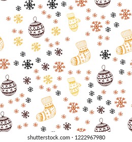 Dark Red, Yellow vector seamless template with ice snowflakes, balls, socks, mittens. Modern geometric abstract illustration. Design for textile, fabric, wallpapers.