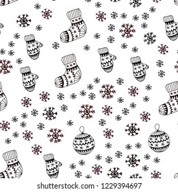 Dark Red, Yellow vector seamless pattern with christmas snowflakes, balls, socks, mittens. Colorful xmas elements with gradient. Texture for window blinds, curtains.