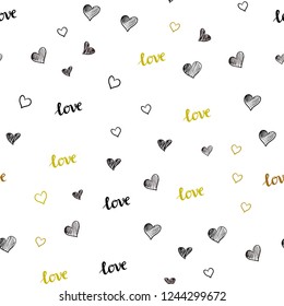 Dark Red, Yellow vector seamless background with words of love, hearts. Illustration with words of love, hearts in abstract style. Pattern for design of fabric, wallpapers.