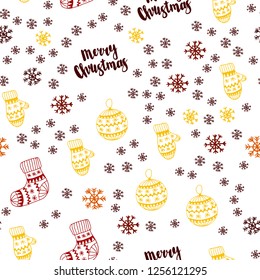 Dark Red, Yellow vector seamless template with ice snowflakes, balls, socks, mittens. Modern geometric abstract illustration. Texture for window blinds, curtains.