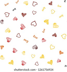 Dark Red, Yellow vector seamless texture with words LOVE YOU, hearts. Romantic illustration with colorful phrase LOVE YOU, hearts. Template for business cards, websites.
