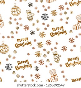 Dark Red, Yellow vector seamless template with ice snowflakes, balls, socks, mittens. Colorful decorative design in xmas style. Pattern for design of fabric, wallpapers.