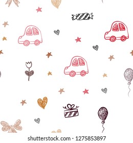 Dark Red, Yellow vector seamless texture with birthday gifts. Design in xmas style with a toy car, heart, baloon, tulip, candy, ball. Pattern for new year ads.