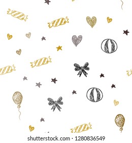 Dark Red, Yellow vector seamless backdrop in holiday style. Illustration with a gradientheart, baloon, candy, gift, star, ribbon. Pattern for carnival, festival ads.