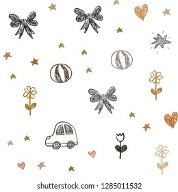 Dark Red, Yellow vector seamless backdrop with holiday gifts. Illustration with a gradient toy car, heart, baloon, tulip, candy, ball. Pattern for new year ads.