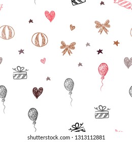 Dark Red, Yellow vector seamless backdrop in holiday style. Colorful illustration with aheart, baloon, candy, gift, star, ribbon. Design for colorful commercials.
