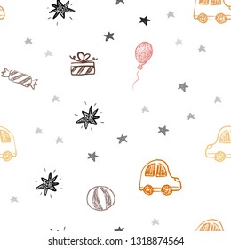 Dark Red, Yellow vector seamless pattern in christmas style. Design in xmas style with a toy car, baloon, candy, star, ball. Design for holiday adverts.