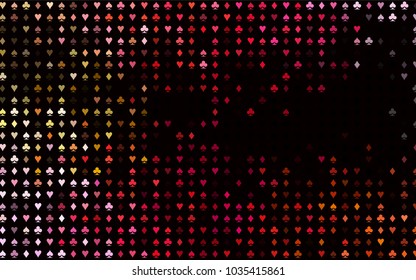 Dark Red, Yellow vector template with poker symbols. Colorful gradient with signs of hearts, spades, clubs, diamonds. Template for business cards of casinos.