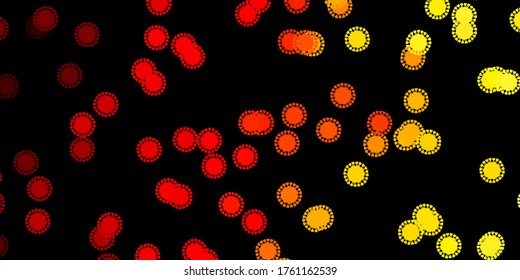 Plantilla vectorial amarilla de color rojo oscuro con signos gripales. Símbolos de enfermedades degradadas coloridas en un estilo simple y abstracto. Diseño para la alerta de riesgo biológico.