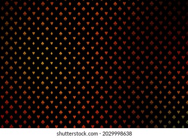 Dark red, yellow vector texture with playing cards. Glitter abstract sketch with isolated symbols of playing cards. Pattern for leaflets of poker games, events.