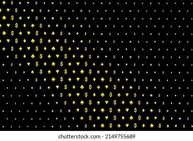 Dark red, yellow vector texture with playing cards. Shining illustration with hearts, spades, clubs, diamonds. Template for business cards of casinos.