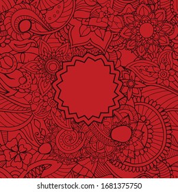 Dark red zentangle hand drawn seamless pattern with star text frame in the middle