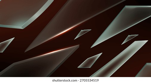 The dark red-brown background is an abstract graphic, highlighting clear geometric shapes, like glass or shiny metal sheets, that radiate from the top left corner to the bottom right.
