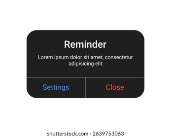 Dark reminder notification pop up UI design with settings and close buttons on a transparent background for mobile app and web alert interface in a minimal modern style