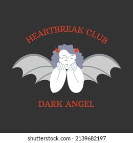 Dark renaissance cupid with bat's wings, devil's horns. Baby angel. Heartbreak club. Vector illustration for prints, textile, decor, cards, t-shirts etc.