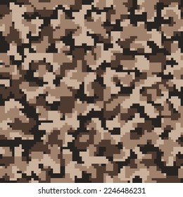 Dark Repeated Grunge Graphic Commando Texture. Seamless Brown Monochrome Digital Soldier Fabric.  Black Repeated Colorful Pixel Camo Wallpaper. Beige Vector Military Print. 