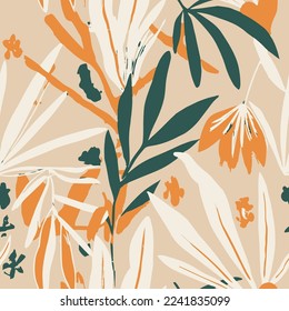 Dark Repetitive Classic Graphic Foliage Surface Background. Gradient Seamless Summer Retro Garden Template Print. Yellow Repeated Nature Flora Set Vector.