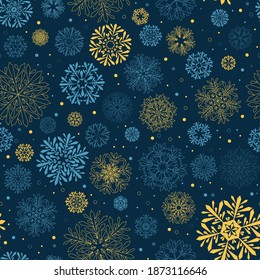 dark repetitive winter background with gold and blue snowflakes. vector seamless pattern. fabric swatch. wrapping paper. continuous print. design element for greeting card, flyer, banner
