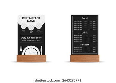 Dark Restaurant Menu Mockup – Elegant Table Card Design with Wooden Stand for Food and Drink Promotion