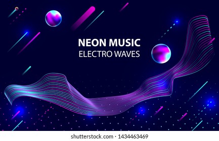 Dark retro banner futuristic neon music electro waves abstraction background cosmos 3d starry template blue circles