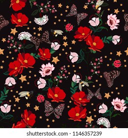 Dark Retro blooming flowers in the night with insect,bees,butterfly,ladybug,with vintage stars seamless pattern vector repeat for fashion ,fabric and all prints on black background color