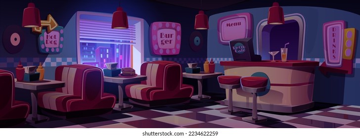 Dark retro cafe interior with tables, red sofas, signboards and counter with cashbox at night. Closed american diner in vintage style, fast food restaurant, vector cartoon illustration