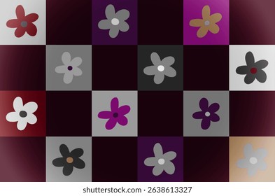 Dark retro checkerboard pattern with simple flower motifs and deep gradient background. Seamless abstract design suitable for fashion textiles, wallpapers, packaging, digital backgrounds, and editoria