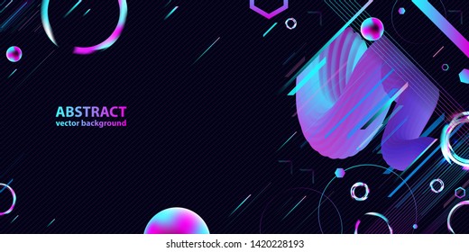 Dark retro futuristic art neon abstraction background cosmos new art 3d starry sky glowing galaxy and planets