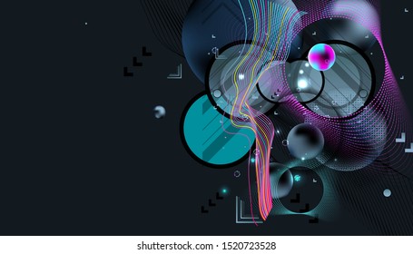 Dark retro futuristic art neon abstraction background cosmos new art 3d starry sky glowing galaxy and planets blue circles