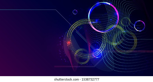 Dark retro futuristic art neon abstraction background cosmos new art 3d starry sky glowing galaxy and planets blue circles