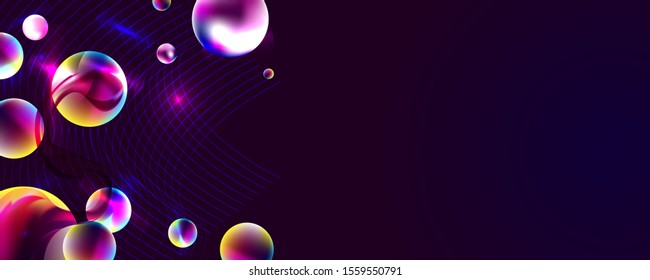 Dark retro futuristic art neon abstraction background cosmos new art 3d starry sky glowing galaxy and planets blue circles