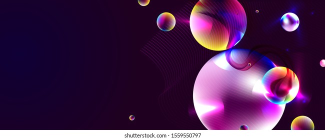 Dark retro futuristic art neon abstraction background cosmos new art 3d starry sky glowing galaxy and planets blue circles