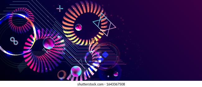 Dark retro futuristic art neon abstraction background cosmos new art 3d starry sky glowing galaxy and planets blue circles