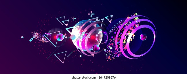 Dark retro futuristic art neon abstraction background cosmos new art 3d starry sky glowing galaxy and planets blue circles