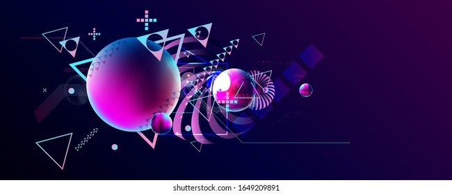 Dark retro futuristic art neon abstraction background cosmos new art 3d starry sky glowing galaxy and planets blue circles