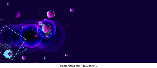 Dark retro futuristic art neon abstraction background cosmos new art 3d starry sky glowing galaxy and planets blue circles