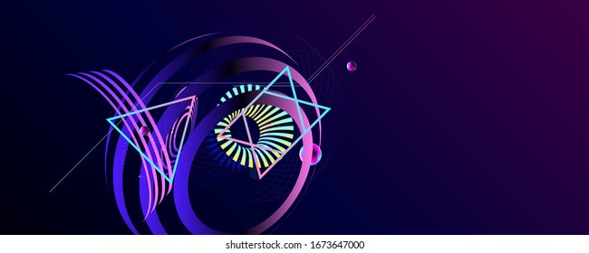 Dark retro futuristic art neon abstraction background cosmos new art 3d starry sky glowing galaxy and planets blue circles. Vector design. Eps 10